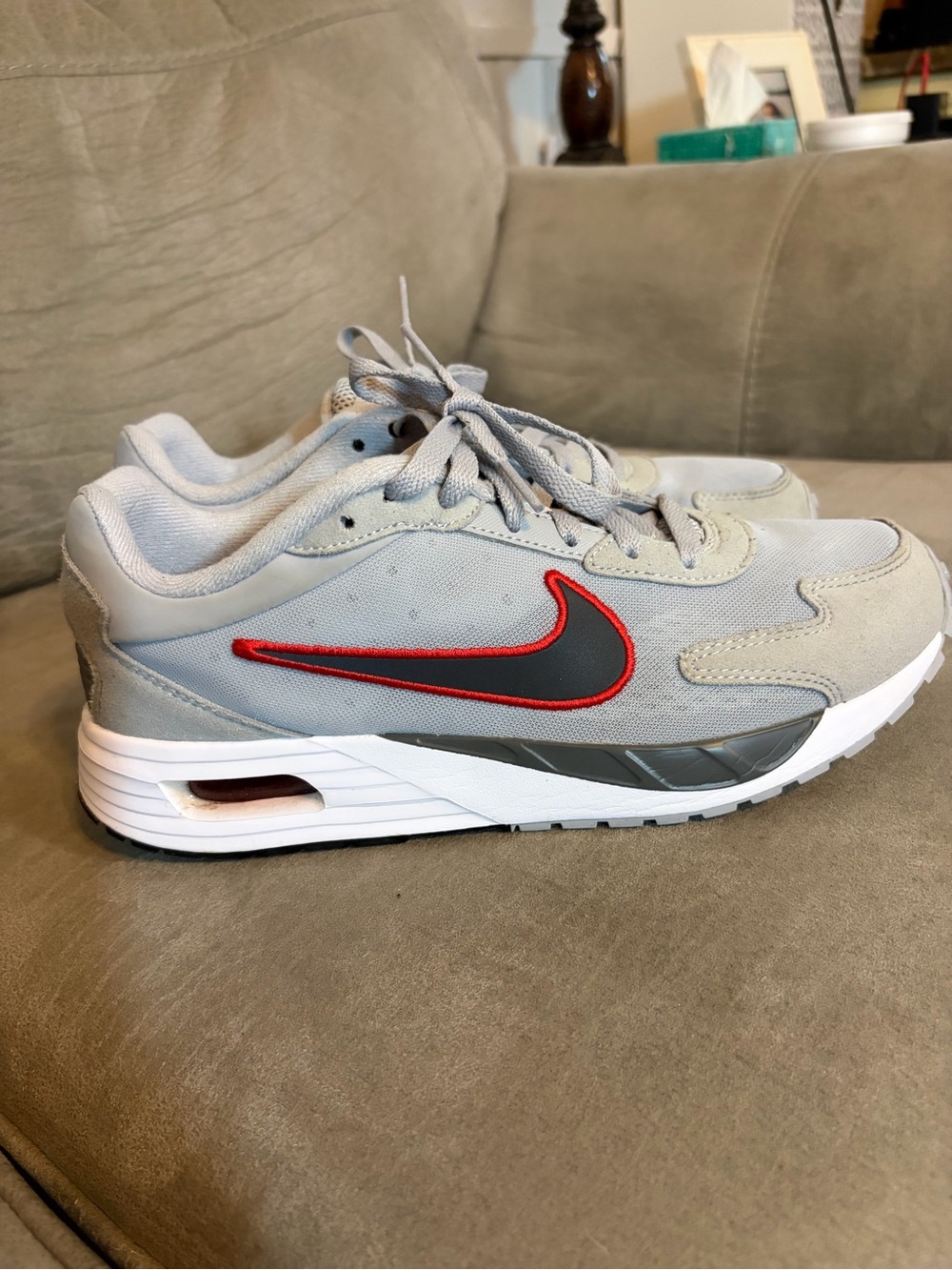 Nike Men’s Gray Sneakers with Red-Outlined Swoosh